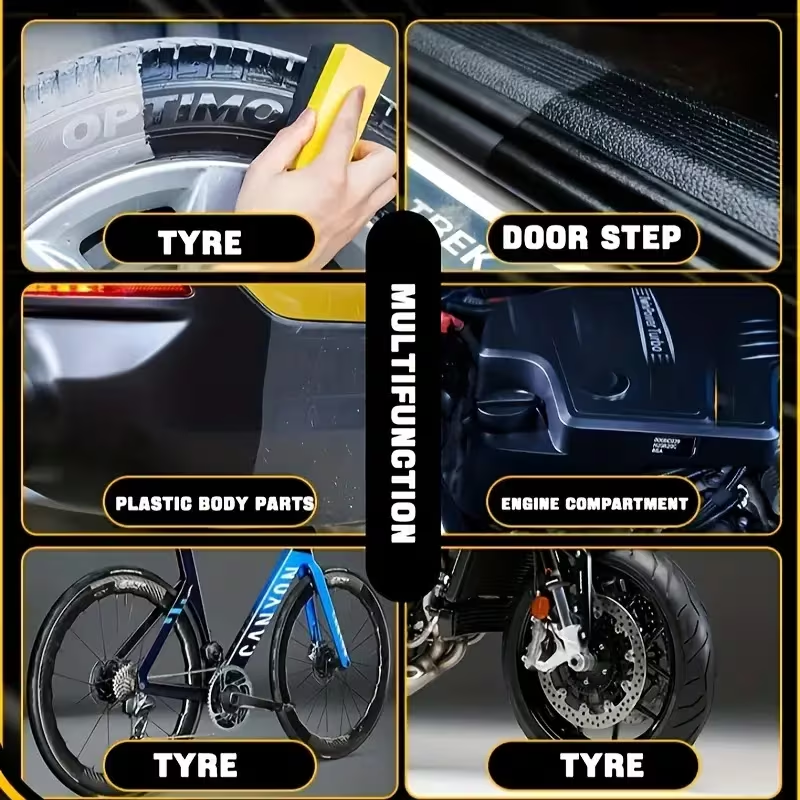 მანქანის საბურავის ცვილი – საბურავის გამბრწყინებელი, შავი ფერის გამაძლიერებელი და გამძლე მოვლის ცვილი, პლასტმასის ნაწილების განახლების პასტა, საბურავის დამცავი ანტი-დაბერების კრისტალური მბზინავი ცვილი